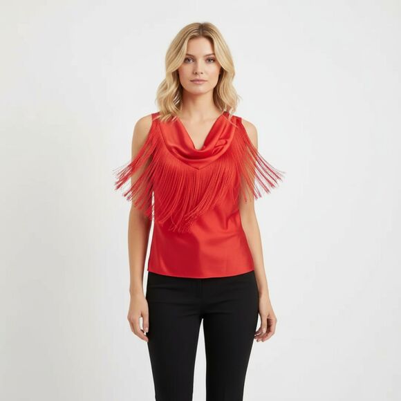 Boston Proper Tops - Boston Proper Red Sleeveless Fringe Accent Drape Bodice Blouse Top 6